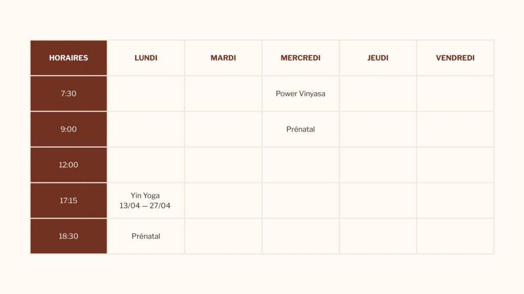 Planning de cours de yoga avec Clarence Yoga en avril 2026